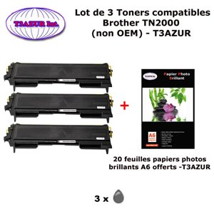 3 Toners compatibles TN2000, TN2005 pour imprimante Brother FAX 2820, 2825, 2920+ 20f A6 brillants - T3AZUR  3 Toners compatibles TN2000, TN2005 pour imprimante Brother FAX 2820, 2825, 2920+ 20f A6 brillants - T3AZUR