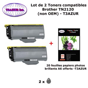 2 Toners compatibles TN2120 pour imprimante Brother MFC 7320 7340 7345DN 7345N 7440N 7450 7840W+ 20f A6 brillants - T3AZUR 