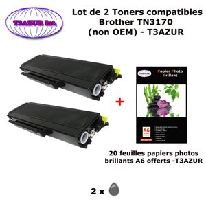 2 Toners compatibles TN3170 pour imprimante Brother HL 5240, 5240L, 5250, 5250DN, 5250DNLT, 5270 +20f A6 brillants - T3AZUR 
