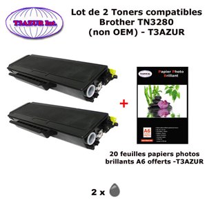 2 Toners compatibles TN3280 pour imprimante Brother HL 5340D, 5350DN, 5370DW, 5380DN+20f A6 brillants - T3AZUR 