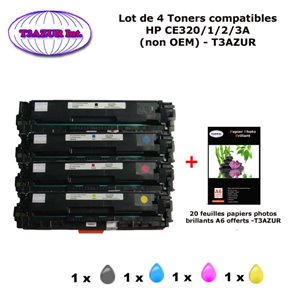 4 Toners génériques HP CE320A, CE321A, CE322A, CE323A + 20f papiers photos A6 -T3AZUR