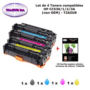 4 Toners génériques HP CC530,1,2,3A ,HP 304A pour HP CP 2020 , 2025, 2025N + 10f papiers photos A6 -T3AZUR