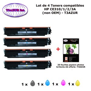 4 Toners génériques HP CE310A, CE311A, CE312A, CE313A, 126A +20f papiers photos A6 -T3AZUR