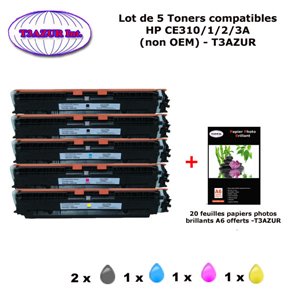 5 Toners génériques HP CE310A, CE311A, CE312A, CE313A, 126A+20f papiers photos A6 -T3AZUR