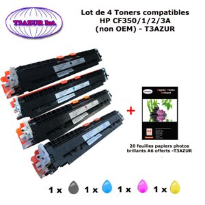4 Toners génériques HP 130A, CF350A, CF351A,C F352A, CF353A +20f papiers photos A6 -T3AZUR