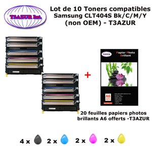 10 Toners génériques SAMSUNG CLT-K404 , CLT-C404, CLT-M404,  CLT-Y404, CLT404S Bk,C,M,Y  imprimante+20f A6 brillantes-T3AZUR