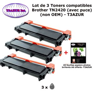 3 Toners compatibles Brother TN2420 pour Brother MFC L2710DN, L2710DW, L2713DW (avec puce)-3000 pages-20f PPA6-T3AZUR