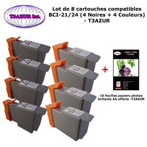 8 x Cartouches compatibles Canon Pixma MP120, MP130, MP360, MP360s, MP370, BCI21, BCI24 +10f PPA6 -T3AZUR