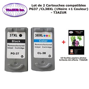 2 x Cartouches Compatibles Canon Pixma MP140, MP190, MP210, MP220, MP470, PG37, CL38 +10f PPA6 -T3AZUR