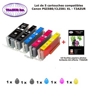  5 x Cartouches Compatibles Canon Pixma TS6250, TS6251, TS705, TS8150, PGI580, CLI851 XXL +10f PPA6 -T3AZUR