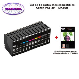  Lot de 12 Cartouches génériques Canon Pro1, Pro 1, Pro-1, PGI29, PGI 29 +10f PPA6 -T3AZUR