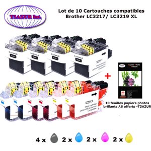10 cartouches compatibles LC3219XLBkCMY pour Brother MFC-J5730DW -10f A6 brillantes -T3AZUR