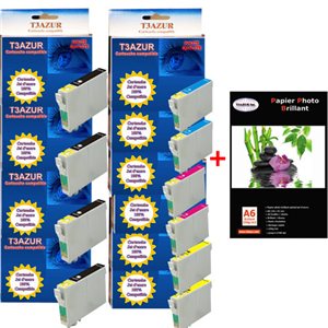 Lot de 10 Cartouches compatibles Epson Stylus SX438W / SX440W / SX445W + Pack de 20 papiers photos A6 Brillant 230gr