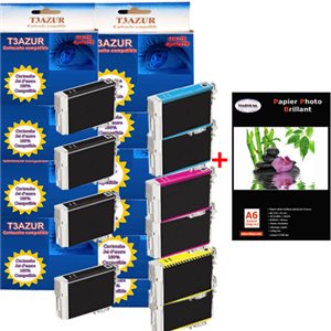 T18XL - Lot de 10 Cartouches compatibles Epson XP102 / XP202 / XP-102 / XP-202 + Pack de 20 papiers photos A6 Brillant 230gr