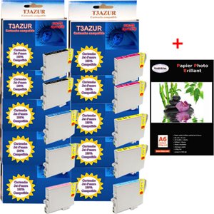 Lot de 10 cartouches compatibles Epson Stylus PX700W / PX710W / PX720WD / PX730WD+ Pack de 20 papiers photos A6 Brillant 230gr