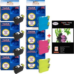  Lot de 10 cartouches compatibles Epson  Stylus SX525WD / SX535WD / SX620FW + Pack de 20 papiers photos A6 Brillant 230gr