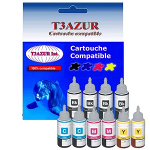 Set de 10 bouteilles encre compatibles pour Epson EcoTank ET L100, L110, L111 - 70ml - T3AZUR