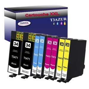 Lot de 8 Cartouches Compatibles pour Epson T3471 / T3472 /  T3473 /  T3474 (34XL) - T3AZUR