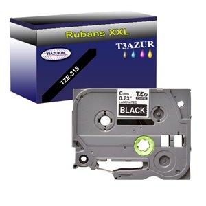 Ruban d'étiquettes laminées générique Brother TZe315 - Texte blanc sur fond noir - Largeur 6 mm x 8 mètres