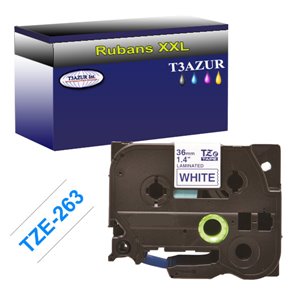 Ruban pour étiquettes laminées générique Brother TZe263 - Texte bleu sur fond blanc - Largeur 36 mm x 8 mètres
