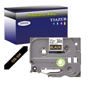 Ruban d'étiquettes laminées générique Brother TZe334 - Texte doré sur fond noir - Largeur 12 mm x 8 mètres