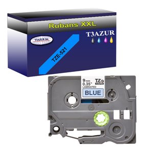 Ruban d'étiquettes laminées générique Brother TZe521 - Texte noir sur fond bleu - Largeur 9 mm x 8 mètres