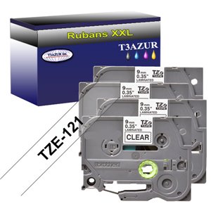 4x Ruban d'étiquettes laminées générique Brother TZe121 - Texte noir sur fond transparent - Largeur 9 mm x 8 mètres
