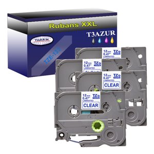 4x Rubans pour étiquettes laminées générique TZe133 Brother - Texte bleu sur fond transparent - Largeur 12 mm x 8 mètres
