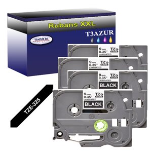 4 x Rubans pour étiquettes laminées générique Brother TZe325 - Texte blanc sur fond noir - Largeur 9 mm x 8 mètres