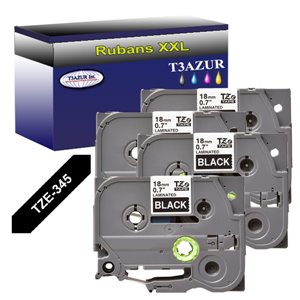 4 x Rubans pour étiquettes laminées générique Brother TZe345 - Texte blanc sur fond noir - Largeur 18 mm x 8 mètres