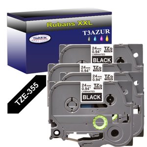 4 x Rubans d'étiquettes laminées générique Brother TZe355 - Texte blanc sur fond noir - Largeur 24 mm x 8 mètres
