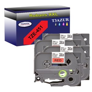 4 x Rubans pour étiquettes laminées générique Brother TZe451 - Texte noir sur fond rouge - Largeur 24 mm x 8 mètres