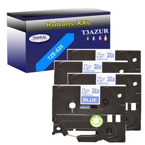 4 x Rubans d'étiquettes laminées générique Brother TZe535 - Texte blanc sur fond bleu - Largeur 12 mm x 8 mètres