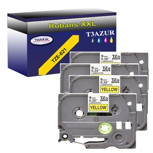 4 x Rubans pour étiquettes laminées générique Brother TZe621 - Texte noir sur fond jaune - Largeur 9 mm x 8 mètres