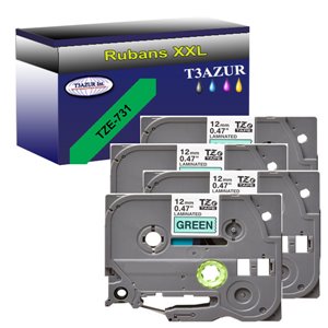 4 x Rubans pour étiquettes laminées générique Brother TZe731 - Texte noir sur fond vert - Largeur 12 mm x 8 mètres
