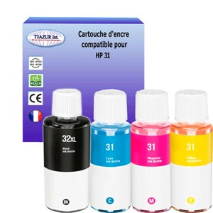 T3AZUR - Lot de 4 bouteilles encres compatibles pour HP 32XL / 31XL