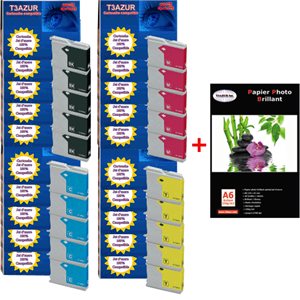 Lot de 20 Cartouches compatibles Brother DCP750CW / DCP750DN / DCP770CW+ Pack de 20 papiers photos A6 Brillant 230gr