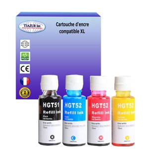 T3AZUR - Lot de 4 Bouteilles d'encre génériques HP GT51 / GT52