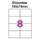 Étiquettes adhésives, 105x74mm, (8étiquettes/feuille) - blanc - 20 feuilles