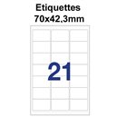 Étiquettes adhésives, 70x42,3mm , (21étiquettes/feuille) - blanc - 20 feuilles