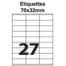 Étiquettes adhésives, 70x32mm, (27étiquettes/feuille) - blanc - 20 feuilles