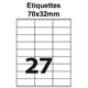 Étiquettes adhésives, 70x32mm, (27étiquettes/feuille) - blanc - 20 feuilles