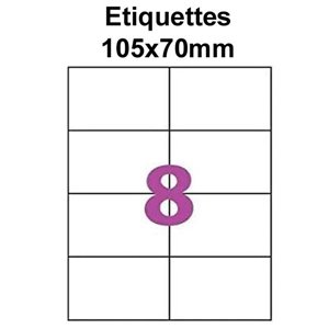 Étiquettes adhésives, 105x70mm, (8étiquettes/feuille) - blanc - 20 feuilles