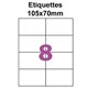 Étiquettes adhésives, 105x70mm, (8étiquettes/feuille) - blanc - 20 feuilles