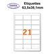 Étiquettes adhésives, 63,5x38,1mm, (21étiquettes/feuille) - blanc - 20 feuilles