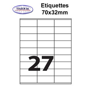 Étiquettes adhésives, 70x32mm, (27étiquettes/feuille) - blanc - 20 feuilles