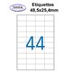 Étiquettes adhésives, 48,5x25,4mm, (44étiquettes/feuille) - blanc - 20 feuilles