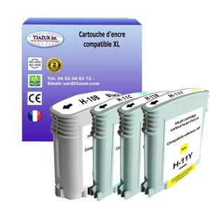 T3AZUR -Lot de 4 Cartouches compatibles HP n°10+ n°11 