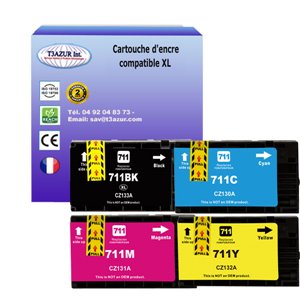 T3AZUR -Lot de 4 Cartouches compatibles pour HP711 XL
