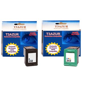 Pack 2 cartouches d'encre N° 338 XL Noir et N° 343 XL Couleur Grande Capacité pour imprimante HP Officejet 7410